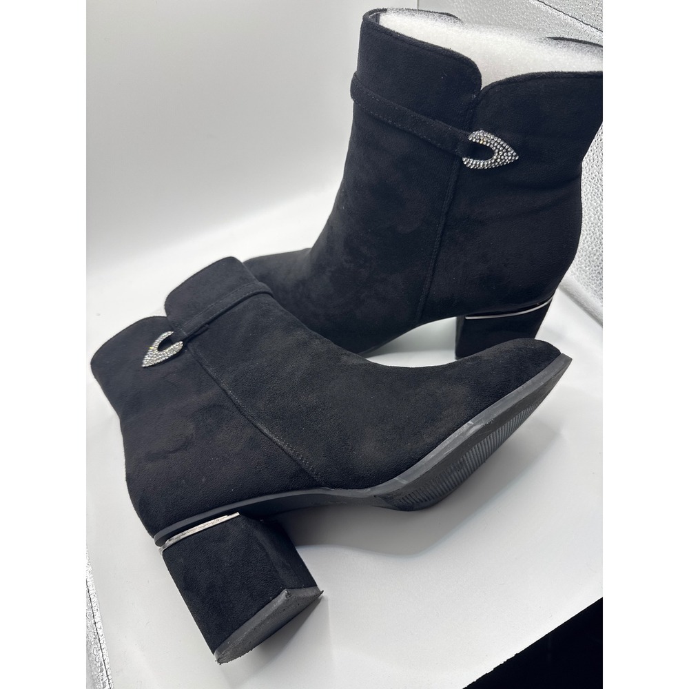 Chelsea Moreland Womens Ankle Boots Black Suede Rhinestone Buckle Booties Size 9